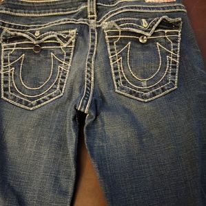 True Religion white wrap stitch flair jeans